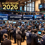 Stock exchange floor with AI company logos representing the anticipated wave of AI IPOs in 2026 — OpenAI, Anthropic, SpaceX public listing news