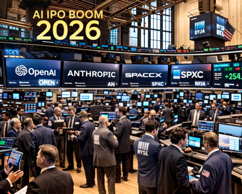 Stock exchange floor with AI company logos representing the anticipated wave of AI IPOs in 2026 — OpenAI, Anthropic, SpaceX public listing news