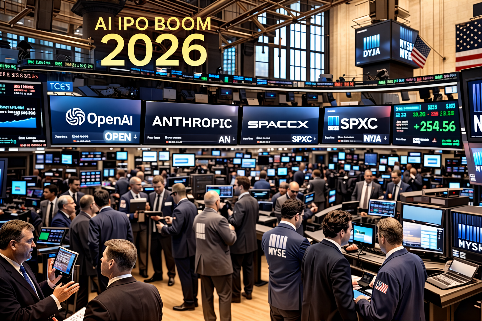 Stock exchange floor with AI company logos representing the anticipated wave of AI IPOs in 2026 — OpenAI, Anthropic, SpaceX public listing news