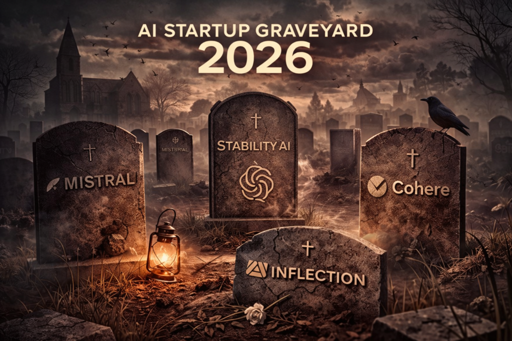Startup graveyard visual with AI company logos representing failed AI startups in 2026 — illustrating the challenges facing AI startup survival in a competitive market