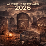 Startup graveyard visual with AI company logos representing failed AI startups in 2026 — illustrating the challenges facing AI startup survival in a competitive market