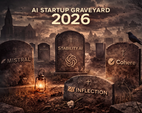 Startup graveyard visual with AI company logos representing failed AI startups in 2026 — illustrating the challenges facing AI startup survival in a competitive market