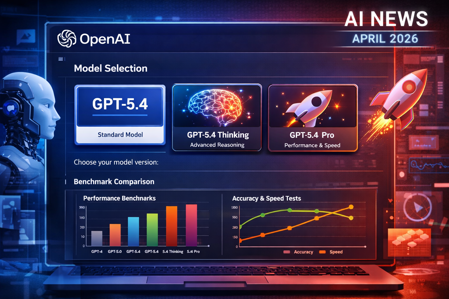 OpenAI dashboard showing GPT-5.4 model selection with Thinking and Pro variants alongside benchmark comparison charts — AI news April 2026