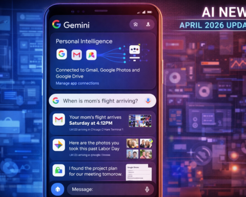 Google Gemini app interface showing Personal Intelligence feature connected to Gmail, Google Photos, and Google Drive — AI news April 2026 update