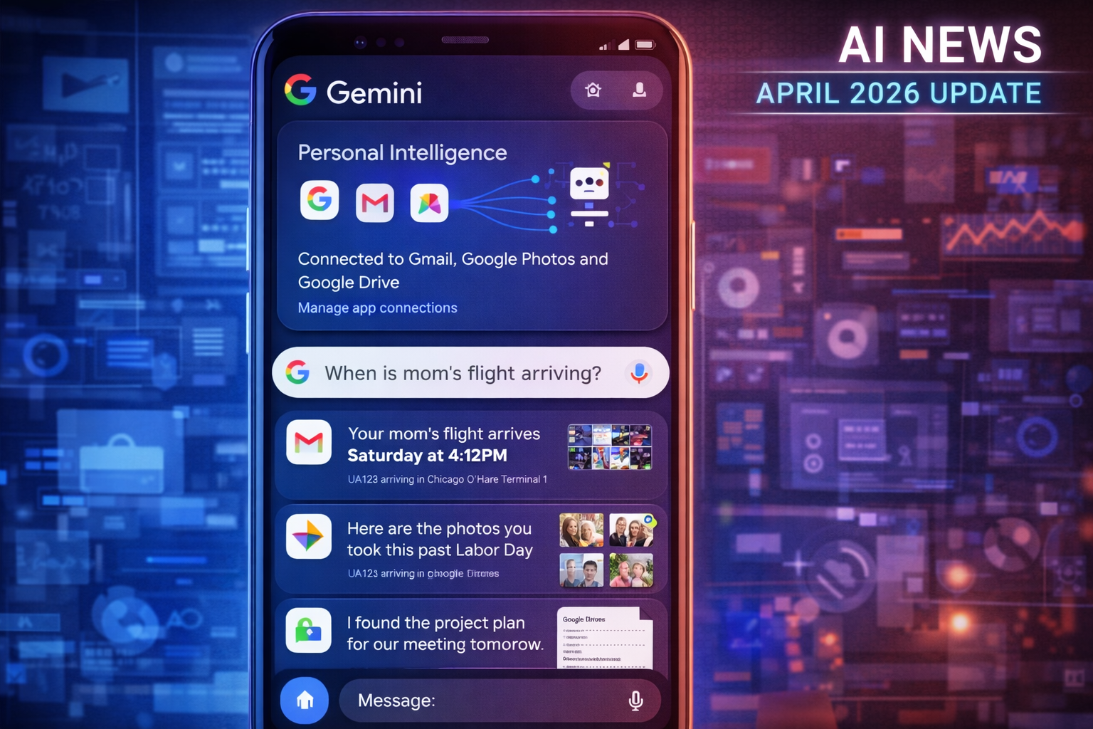 Google Gemini app interface showing Personal Intelligence feature connected to Gmail, Google Photos, and Google Drive — AI news April 2026 update