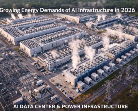 Aerial view of a large AI data center complex with cooling infrastructure and power substations visible — representing the growing energy demand of AI infrastructure in 2026