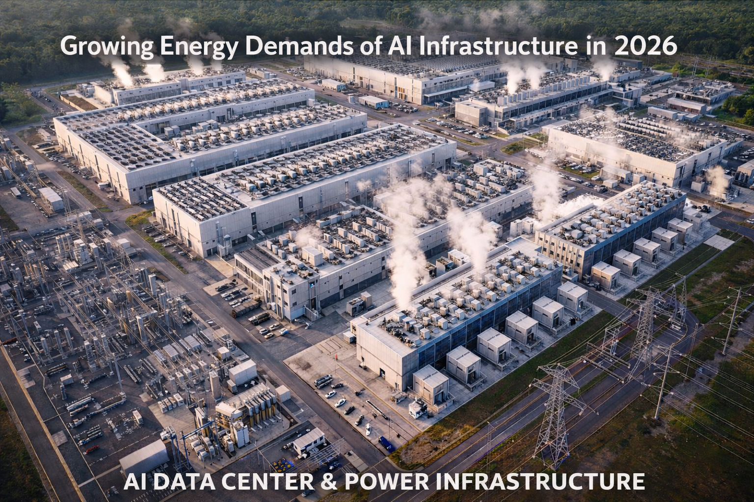 Aerial view of a large AI data center complex with cooling infrastructure and power substations visible — representing the growing energy demand of AI infrastructure in 2026