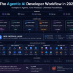 Developer workflow diagram showing multiple AI agents connected via MCP protocol to different tools and data sources — representing the agentic AI infrastructure shift of 2026