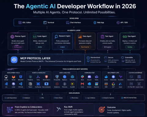 Developer workflow diagram showing multiple AI agents connected via MCP protocol to different tools and data sources — representing the agentic AI infrastructure shift of 2026