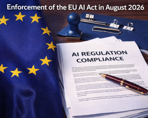 EU flag alongside legal documents representing AI regulation compliance requirements — representing the enforcement of the EU AI Act in August 2026