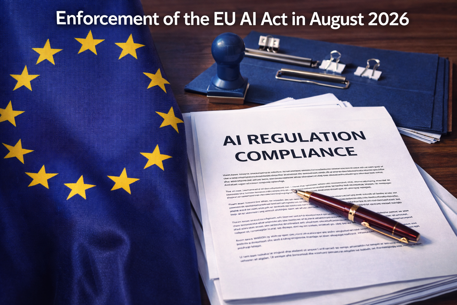 EU flag alongside legal documents representing AI regulation compliance requirements — representing the enforcement of the EU AI Act in August 2026