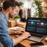 Small business owner using AI tools on a laptop in a shop — managing customer service, marketing, and scheduling with AI automation in 2026