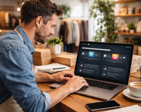 Small business owner using AI tools on a laptop in a shop — managing customer service, marketing, and scheduling with AI automation in 2026