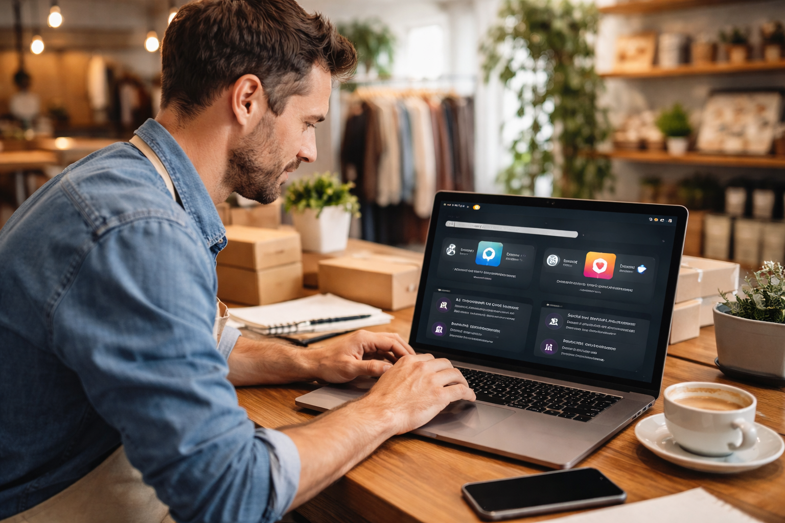 Small business owner using AI tools on a laptop in a shop — managing customer service, marketing, and scheduling with AI automation in 2026