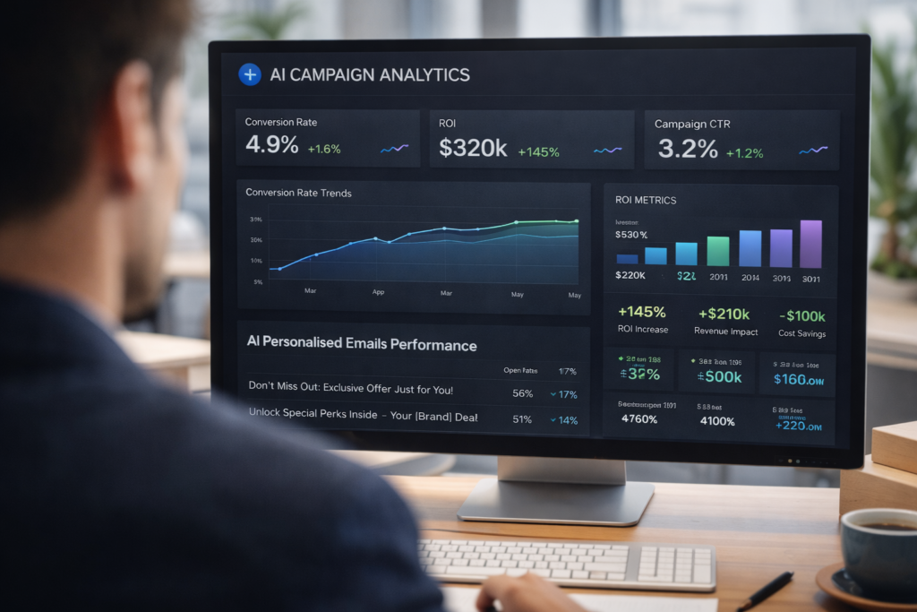 Marketing professional reviewing AI-generated campaign analytics on a dashboard — showing conversion rates, ROI metrics, and personalised email performance in 2026