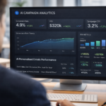 Marketing professional reviewing AI-generated campaign analytics on a dashboard — showing conversion rates, ROI metrics, and personalised email performance in 2026