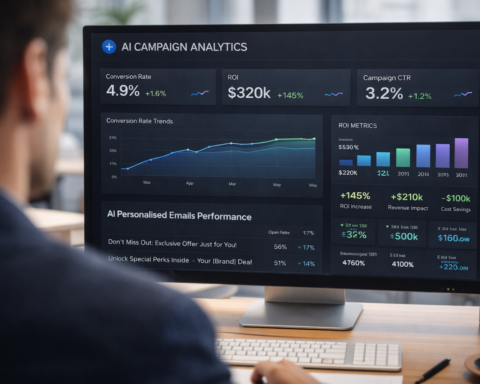 Marketing professional reviewing AI-generated campaign analytics on a dashboard — showing conversion rates, ROI metrics, and personalised email performance in 2026