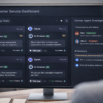 Customer service dashboard showing AI chatbot handling multiple customer conversations simultaneously, with human agent oversight panel visible — AI customer service implementation 2026