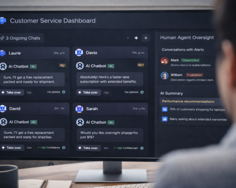 Customer service dashboard showing AI chatbot handling multiple customer conversations simultaneously, with human agent oversight panel visible — AI customer service implementation 2026