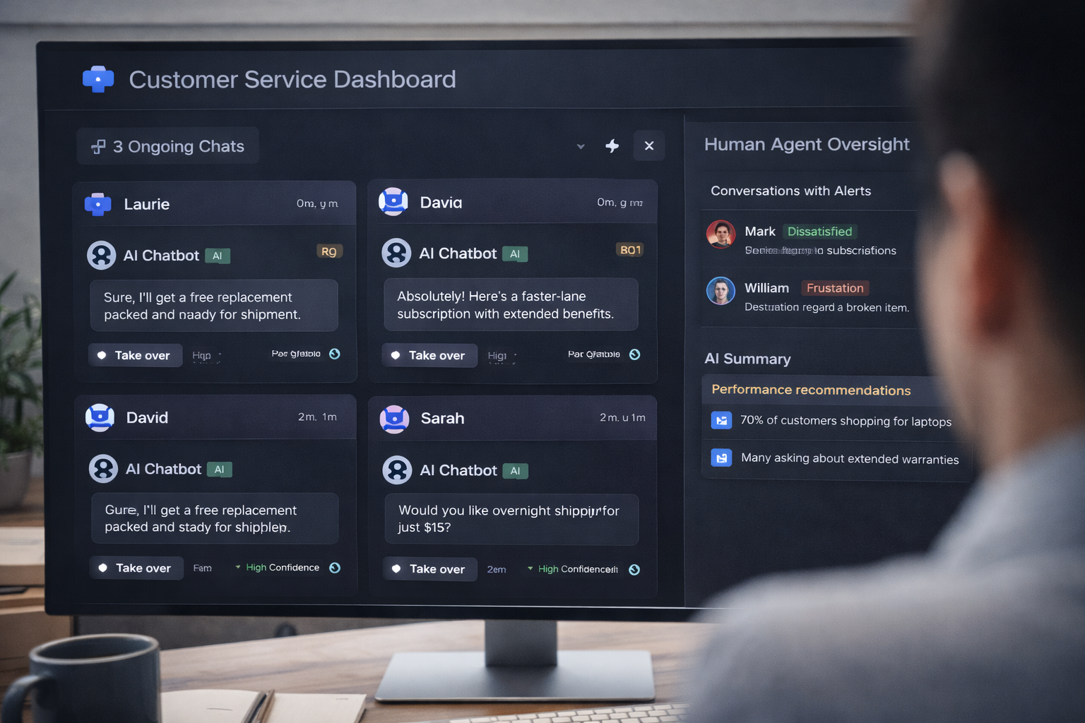 Customer service dashboard showing AI chatbot handling multiple customer conversations simultaneously, with human agent oversight panel visible — AI customer service implementation 2026