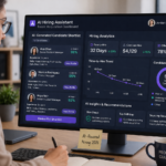 HR professional reviewing AI-generated candidate shortlist and hiring analytics dashboard — showing time-to-hire metrics and diversity indicators in a modern office, 2026