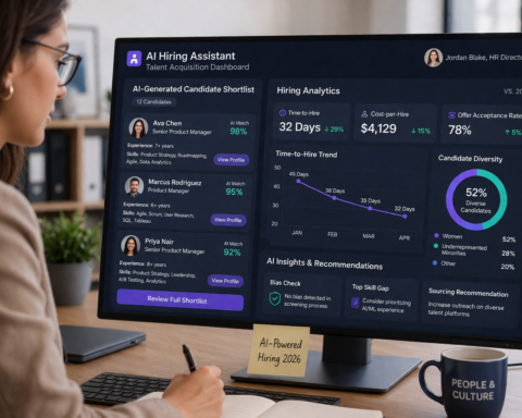 HR professional reviewing AI-generated candidate shortlist and hiring analytics dashboard — showing time-to-hire metrics and diversity indicators in a modern office, 2026