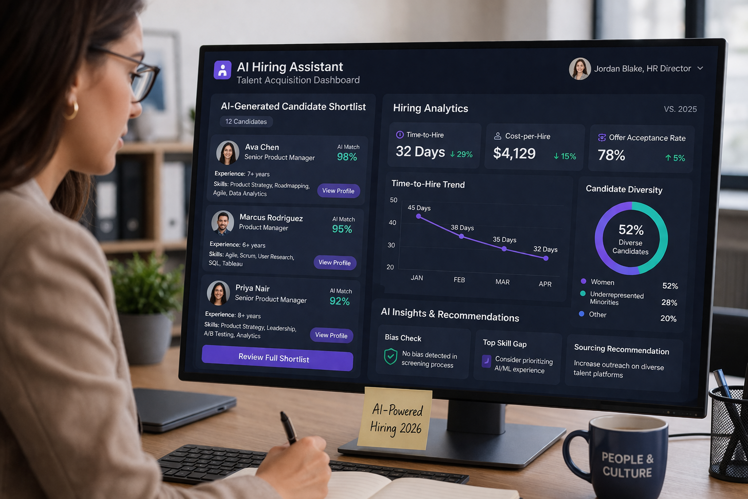HR professional reviewing AI-generated candidate shortlist and hiring analytics dashboard — showing time-to-hire metrics and diversity indicators in a modern office, 2026
