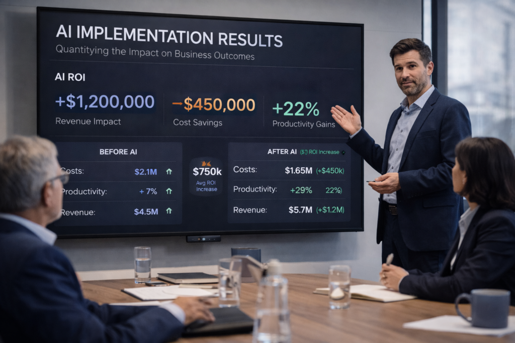 Business leader presenting AI ROI results on a boardroom screen — showing before-and-after metrics, cost savings, productivity gains, and revenue impact from AI implementation, 2026