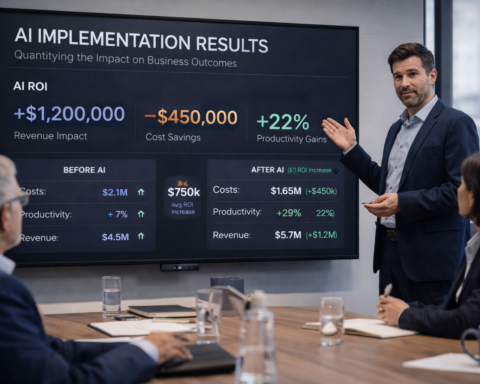 Business leader presenting AI ROI results on a boardroom screen — showing before-and-after metrics, cost savings, productivity gains, and revenue impact from AI implementation, 2026