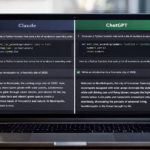 FEATURED IMAGE ALT TEXT: Split-screen comparison of Claude and ChatGPT interfaces side by side on a laptop — showing coding output and writing response quality differences, 2026