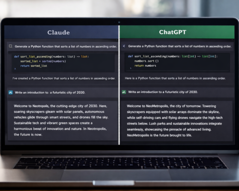 FEATURED IMAGE ALT TEXT: Split-screen comparison of Claude and ChatGPT interfaces side by side on a laptop — showing coding output and writing response quality differences, 2026