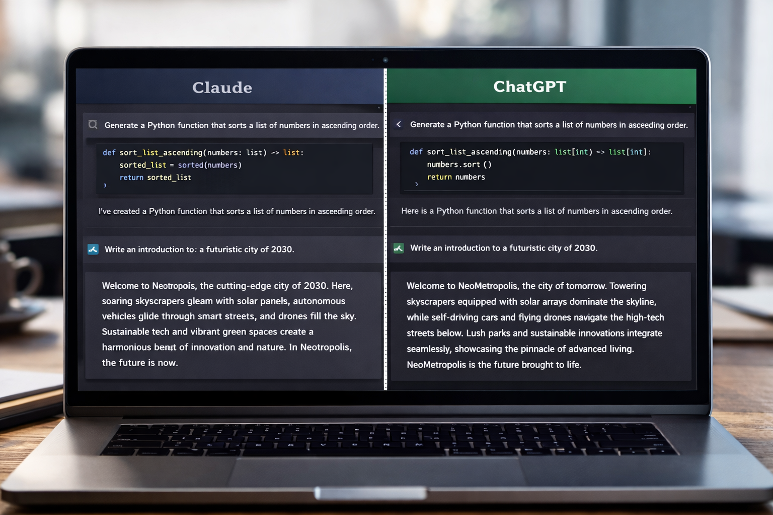 FEATURED IMAGE ALT TEXT: Split-screen comparison of Claude and ChatGPT interfaces side by side on a laptop — showing coding output and writing response quality differences, 2026