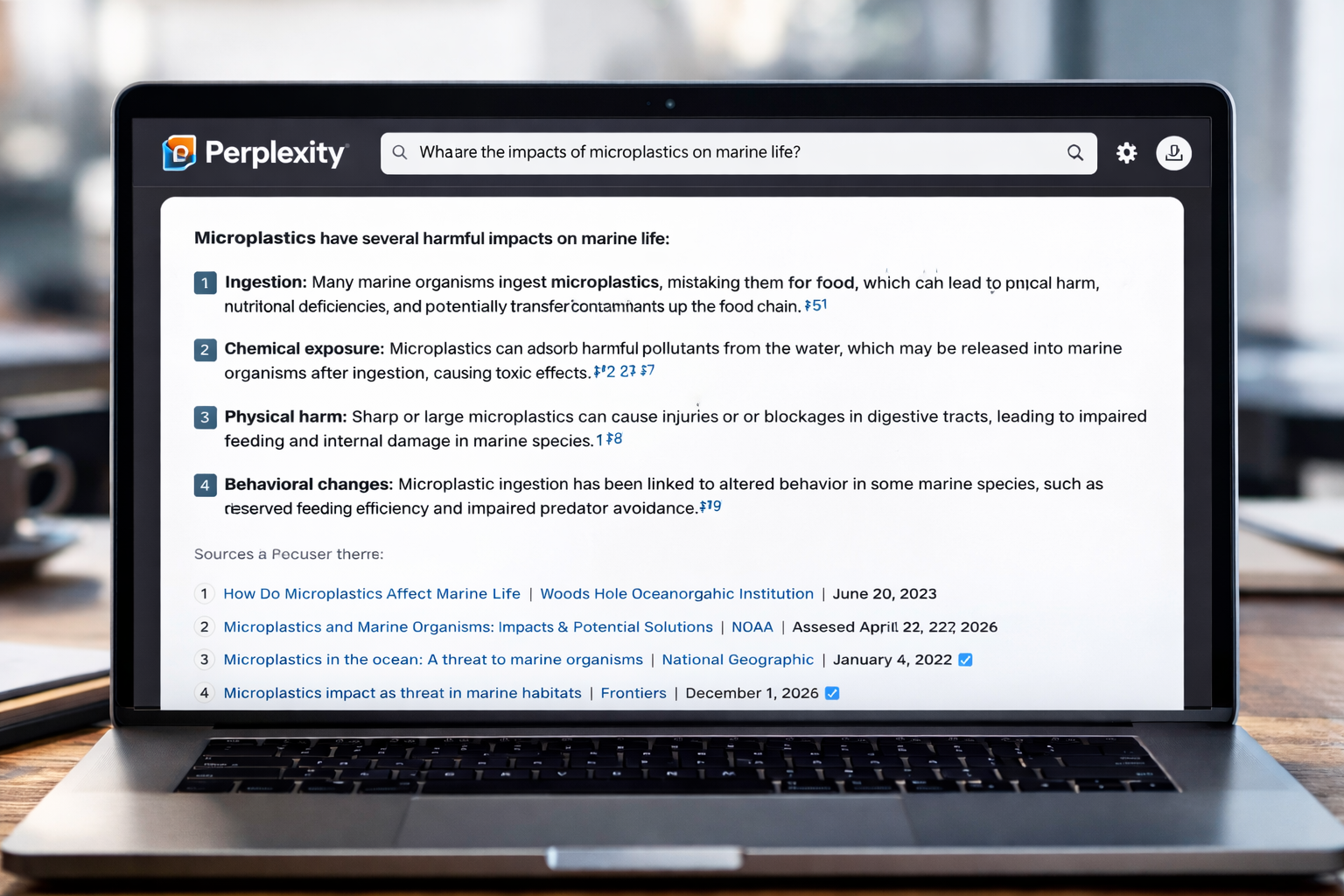 Perplexity AI interface showing a research question with numbered citations and source links visible — demonstrating the AI search engine's citation-backed answer format, 2026