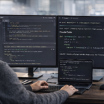 Developer working in a split-screen setup showing Cursor IDE on one side and a terminal with Claude Code on the other — the most common professional AI coding stack in 2026