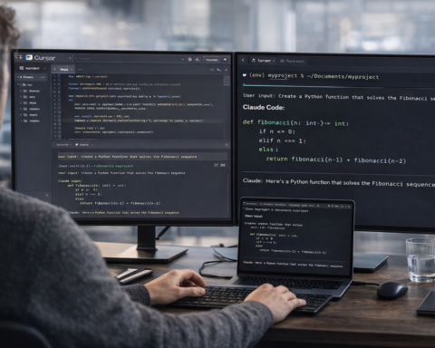 Developer working in a split-screen setup showing Cursor IDE on one side and a terminal with Claude Code on the other — the most common professional AI coding stack in 2026