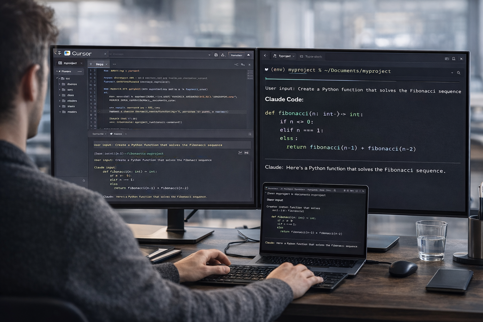 Developer working in a split-screen setup showing Cursor IDE on one side and a terminal with Claude Code on the other — the most common professional AI coding stack in 2026