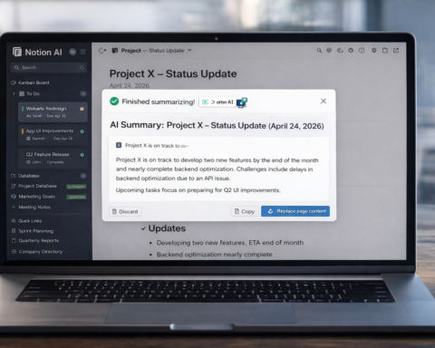 Notion AI workspace showing a document being summarised by the AI assistant, with a kanban board and database view visible in the sidebar — team productivity setup in 2026