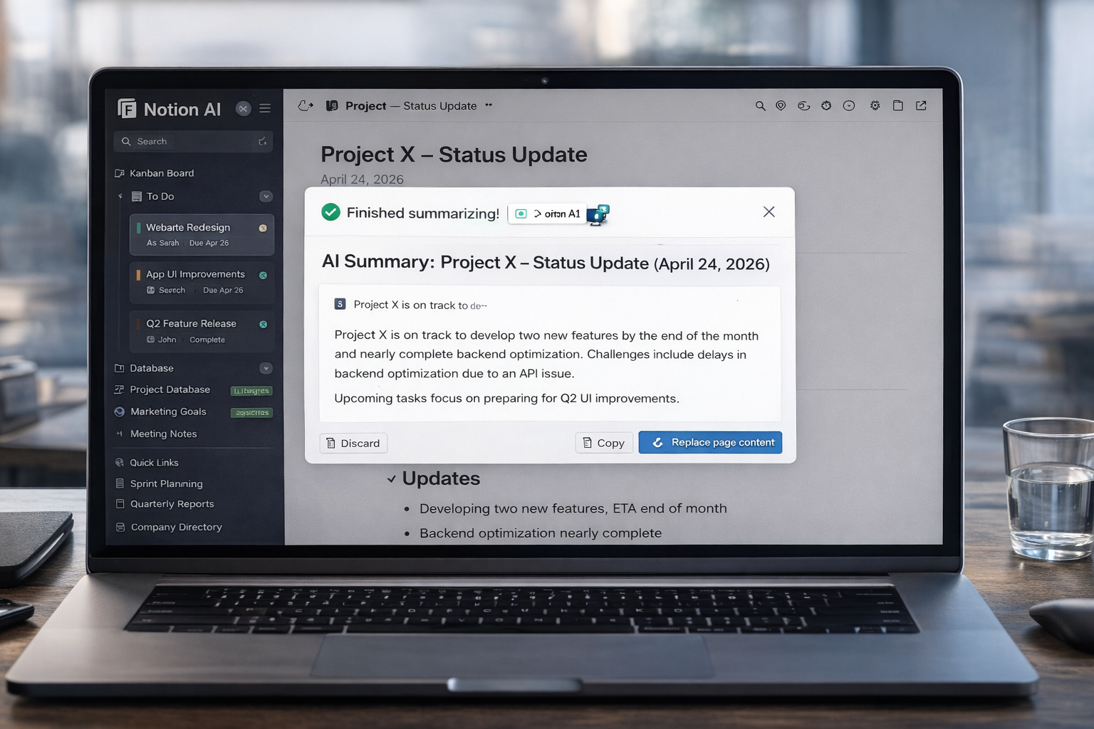 Notion AI workspace showing a document being summarised by the AI assistant, with a kanban board and database view visible in the sidebar — team productivity setup in 2026