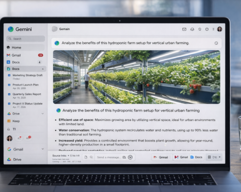 Google Gemini AI interface showing a multimodal prompt with image analysis and Google Workspace integration visible — Gmail and Google Docs sidebar connected, 2026