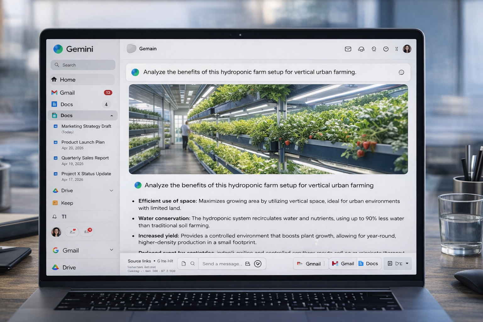 Google Gemini AI interface showing a multimodal prompt with image analysis and Google Workspace integration visible — Gmail and Google Docs sidebar connected, 2026