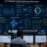 Government operations centre showing AI-powered citizen service dashboard with real-time query routing, case management and benefit eligibility systems — AI use case in public sector 2026