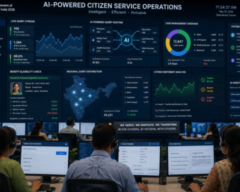 Government operations centre showing AI-powered citizen service dashboard with real-time query routing, case management and benefit eligibility systems — AI use case in public sector 2026