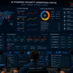 Security operations centre with AI threat detection dashboards showing real-time network anomaly alerts, automated threat classification, and incident response workflows — AI cybersecurity use case 2026