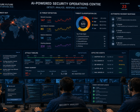 Security operations centre with AI threat detection dashboards showing real-time network anomaly alerts, automated threat classification, and incident response workflows — AI cybersecurity use case 2026