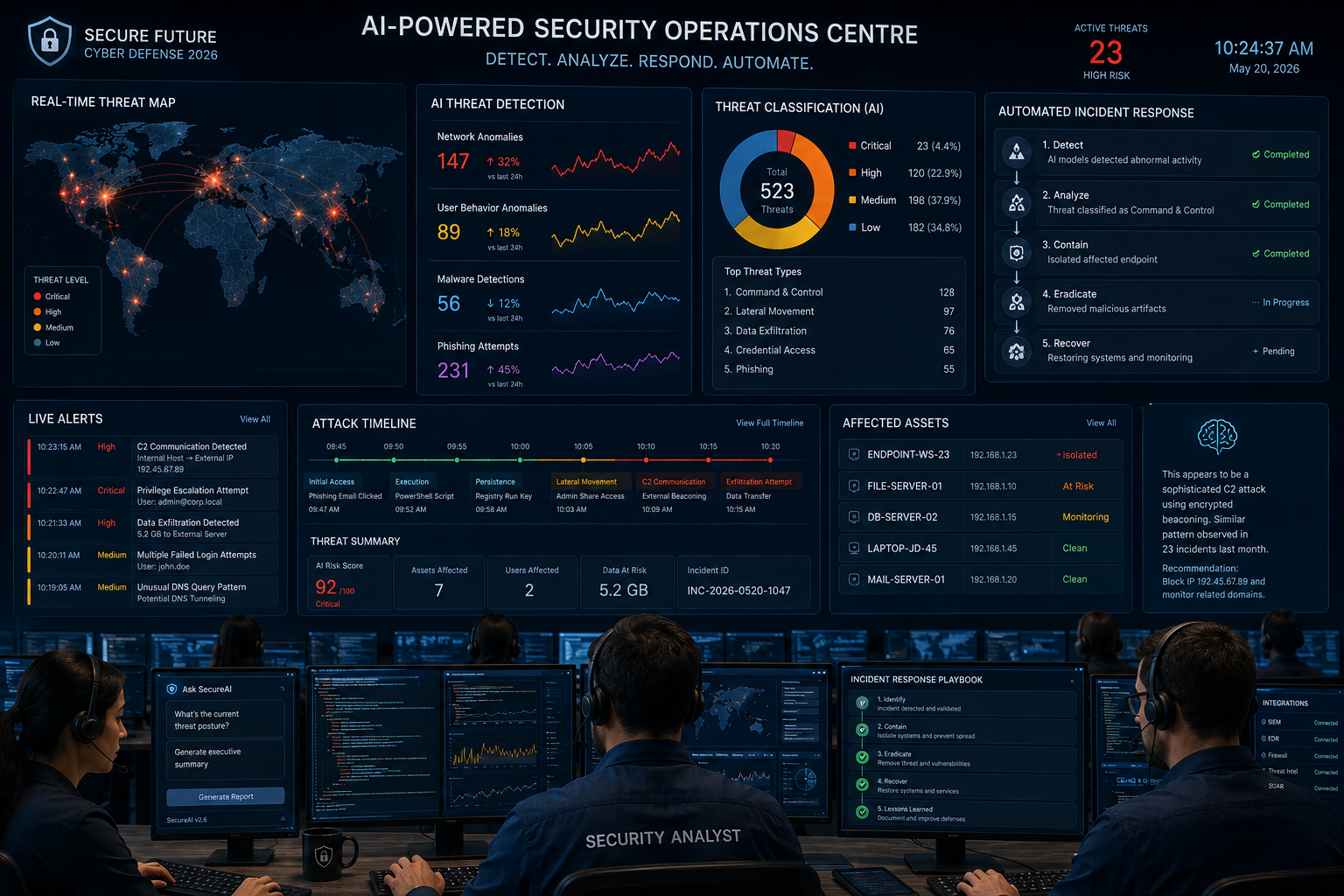 Security operations centre with AI threat detection dashboards showing real-time network anomaly alerts, automated threat classification, and incident response workflows — AI cybersecurity use case 2026