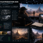 Film director reviewing AI-generated pre-visualization and virtual production setup on an LED volume stage — AI use case in Hollywood film and TV production in 2026