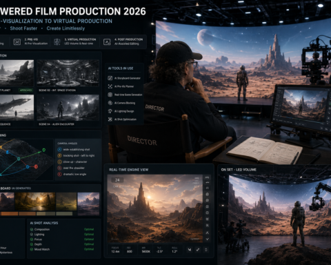 Film director reviewing AI-generated pre-visualization and virtual production setup on an LED volume stage — AI use case in Hollywood film and TV production in 2026