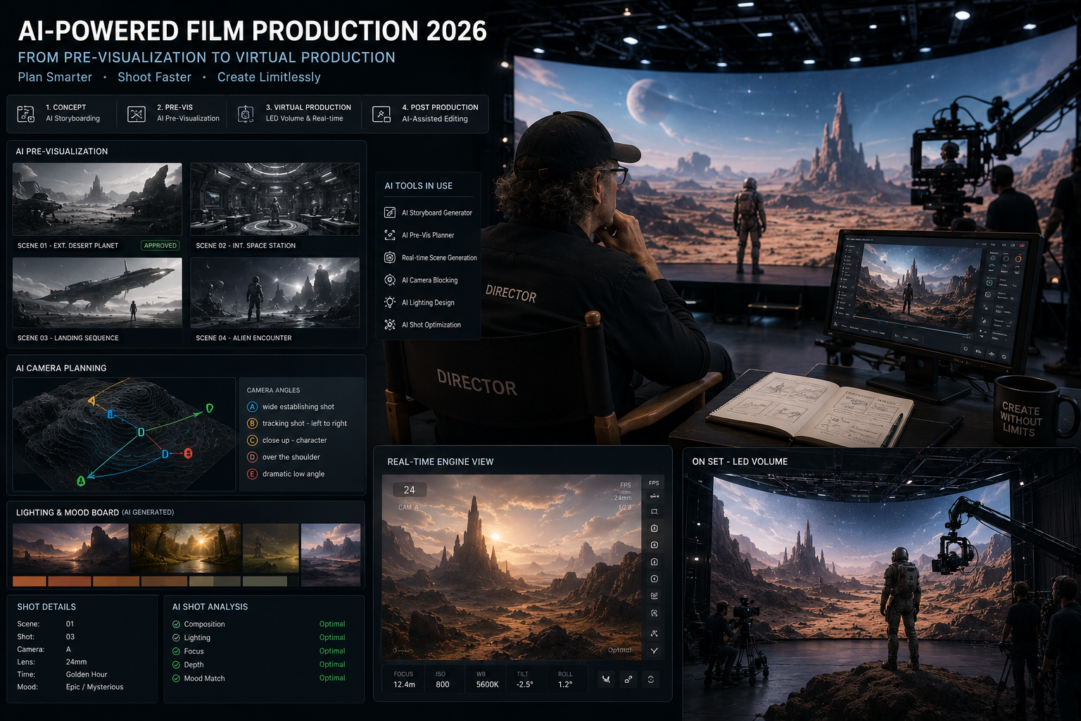 Film director reviewing AI-generated pre-visualization and virtual production setup on an LED volume stage — AI use case in Hollywood film and TV production in 2026