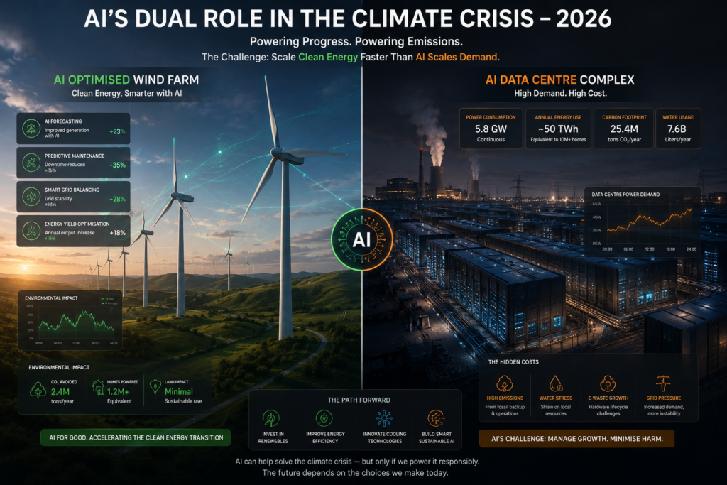 Split image showing AI-optimised wind farm on one side and a large data centre consuming power on the other — representing AI's complicated dual role in the climate crisis in 2026