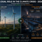Split image showing AI-optimised wind farm on one side and a large data centre consuming power on the other — representing AI's complicated dual role in the climate crisis in 2026